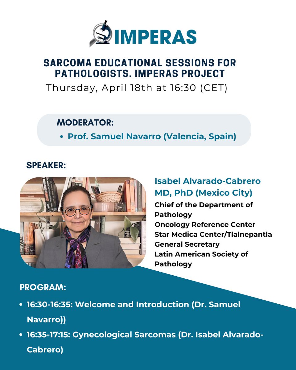 El próximo 18 de abril dará lugar la XXXIV Sesión educacional de sarcomas, moderada por el Prof. Samuel Navarro (Valencia, Spain) a las 16:30 Os facilitamos el programa de la sesión #XXXIVsesionIMPERAS