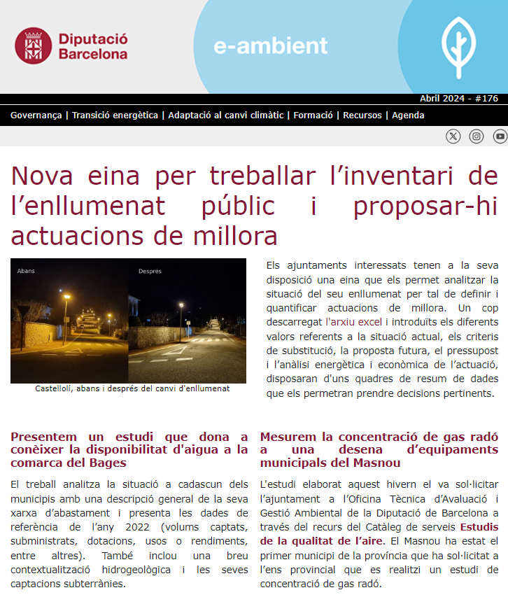 AccioClimaDIBA's tweet photo. 🆕📩butlletí #eambient 1⃣7⃣6⃣ al teu correu ‼️
🟢Aquest mes destaquem una nova eina que ajudarà els municipis a treballar l'inventari d'#enllumenat públic, un estudi de disponibilitat d'#aigua i els resultats del cercle de comparació de #VerdUrbà
🔗https://t.co/5Lo183qWyS
#Som311 https://t.co/rZNhifzbqn