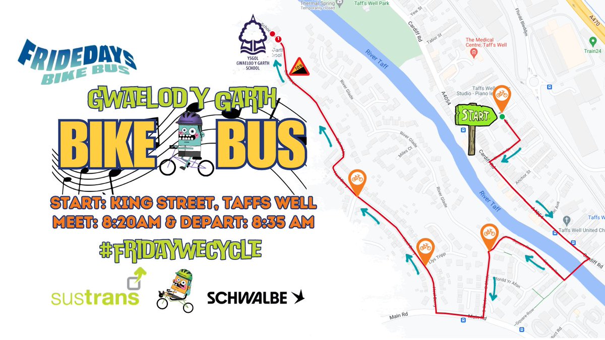 BIKE BUS: Cycling to school in the SUNSHINE has to be the BEST start to the school day! Get your bikes ready and join @gwaelod #BikeBus this Friday! 🚲🎶☀️😎🏴󠁧󠁢󠁷󠁬󠁳󠁿🙌 #FridayWeCycle 📅 FRIDAY 19TH APRIL 📍 King Street, Taffs Well ⏰ Meet: 08:20 - Depart: 08:35