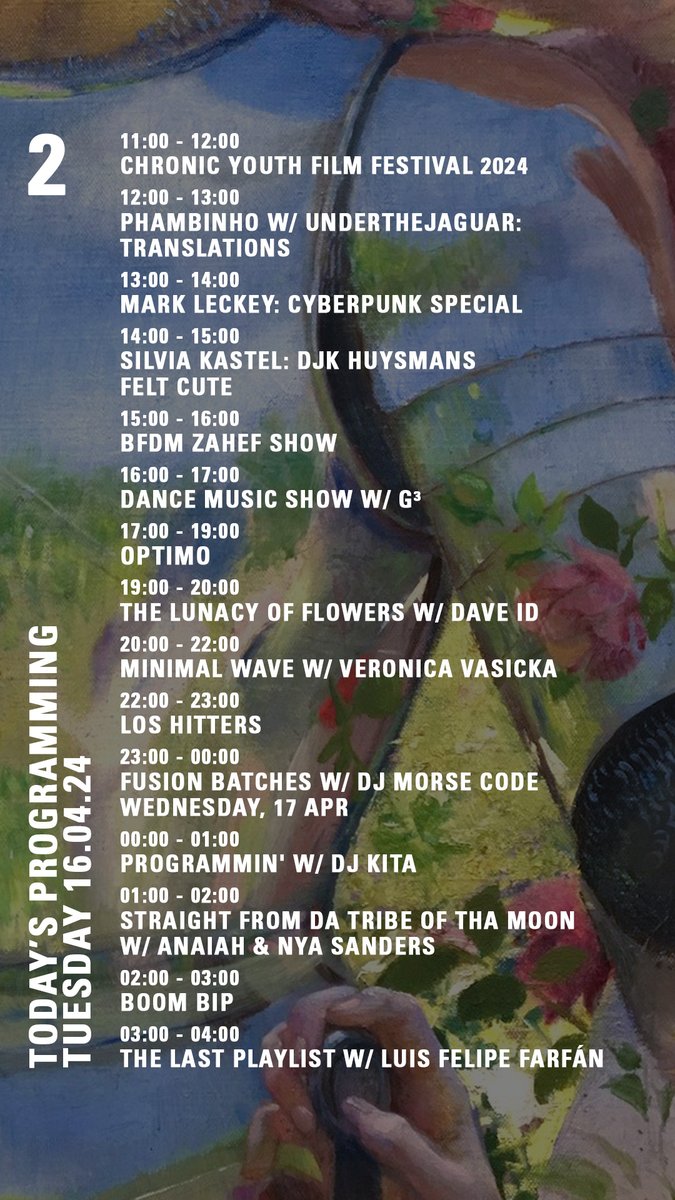 NTS Radio (@ntslive) on Twitter photo Today on NTS... 🧵
<a href="/noanunoparty/">anu</a> @vynehall <a href="/nightmaresonwax/">nightmaresonwax</a> <a href="/SNO_nongi/">Nongi Oliphant</a> <a href="/architecttt__/">H</a> <a href="/MrBeatnick/">Mr B</a> <a href="/MarkLeckey/">MarkLeckey</a> <a href="/SilviaKastel/">Silvia Kastel</a> <a href="/JDTwitch/">Optimo (Espacio)</a> <a href="/DaveIDmusic/">Dave.i.d/The Lunacy Of Flowers</a> <a href="/minimalwave/">Minimal Wave</a> <a href="/boombip/">Boom Bip</a> Today on NTS... 🧵
<a href="/noanunoparty/">anu</a> @vynehall <a href="/nightmaresonwax/">nightmaresonwax</a> <a href="/SNO_nongi/">Nongi Oliphant</a> <a href="/architecttt__/">H</a> <a href="/MrBeatnick/">Mr B</a> <a href="/MarkLeckey/">MarkLeckey</a> <a href="/SilviaKastel/">Silvia Kastel</a> <a href="/JDTwitch/">Optimo (Espacio)</a> <a href="/DaveIDmusic/">Dave.i.d/The Lunacy Of Flowers</a> <a href="/minimalwave/">Minimal Wave</a> <a href="/boombip/">Boom Bip</a>