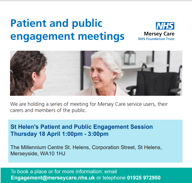 Join us this Thursday, 18 April for our public and patient engagement meeting in #StHelens 💙 Share your experiences of our services, learn about improvement plans, and get updates on #Carers, #MentalHealth pathways, and research. merseycare.nhs.uk/events @HWStHelens