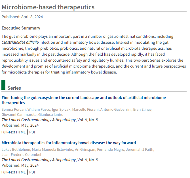 ICYMI - our new Series on microbiome-based therapeutics is now available ➡️ The current landscape of artificial microbiome therapeutics ➡️The use of microbiota therapeutics for inflammatory bowel disease thelancet.com/series/Microbi… #IBD #GITwitter #Microbiome #Microbiota