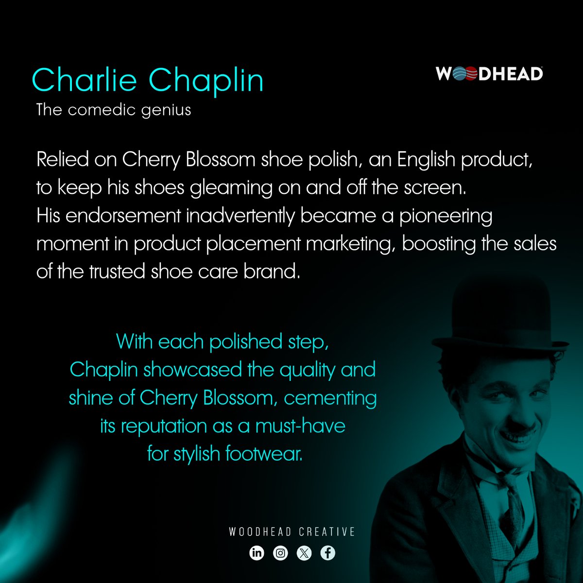 WoodheadWhc's tweet photo. Happy Birthday G.O.A.T 
From the stages of London to the silver screens of Hollywood, Chaplin's choice of shoe polish left an indelible mark on both his legendary career and the world of advertising.

#woodhead #digitalpromotion #GOAT #charliechaplin #shorts #viral https://t.co/TyRLPoiuQO