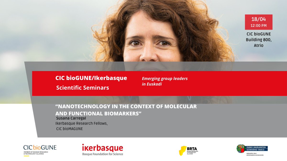 🔴 We are collaborating on the organization of a series of seminars with @CICbioGUNE. Next seminar on Thursday, April 18th, with @CarregalSusana, @Ikerbasque at @CICbiomaGUNE 'Nanotechnology in the context of Molecular and Functional Biomarkers'