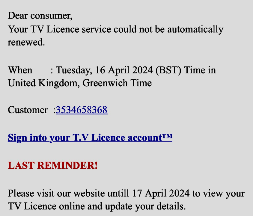 Beware of this #scam TV licensing email don't click on link or make payment. Contact TV Licensing directly if in doubt. #ScamAware #BrumTS @tvlicensing