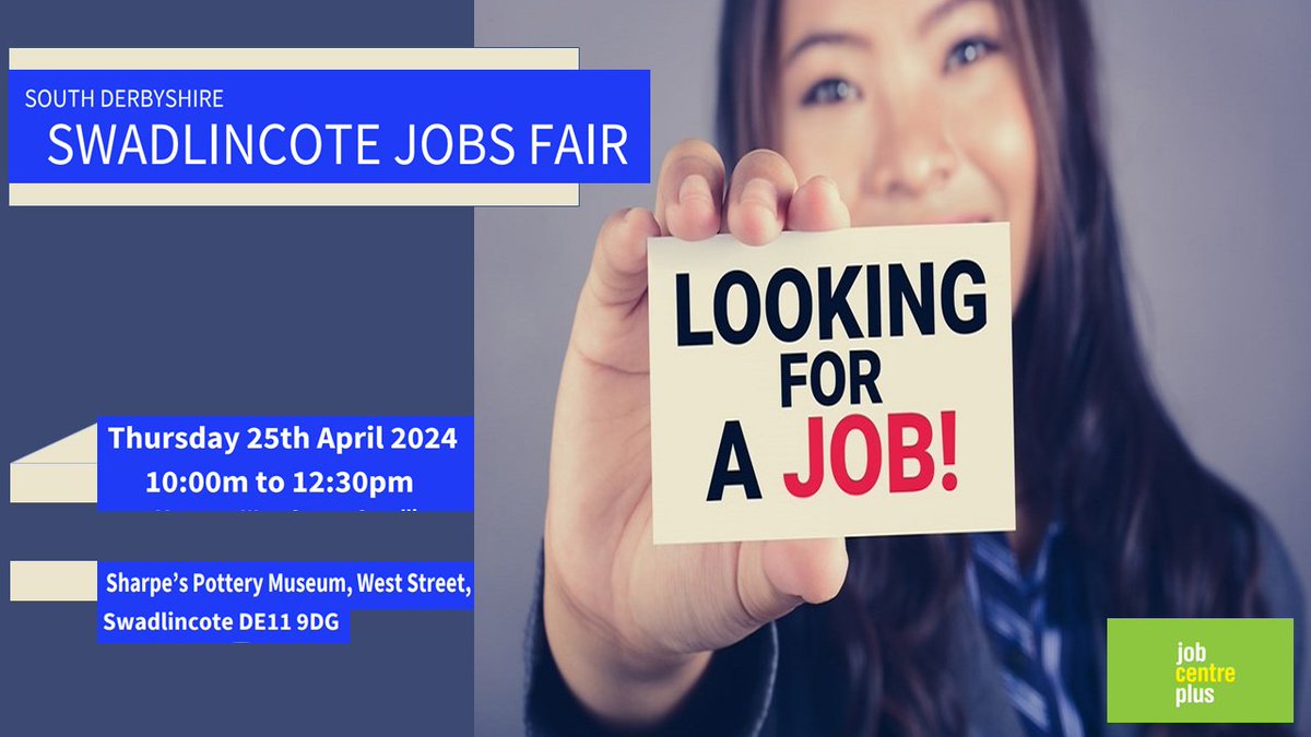 Visit our #Swadlincote Jobs Fair on Thursday 25/4/24 at Sharpes Pottery Museum.

Meet local employers ✔️
Find out about training opportunities ✔️
Speak with support agencies for careers advice ✔️
Bring your CV ✔️

#Derbyshire #Jobs

See image for full details 
👇