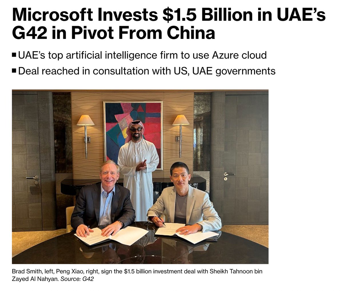 🌟🚀 Exciting news! @Microsoft today announced a strategic investment of $1.5 Bn into @G42ai. This marks a monumental step forward in G42’s journey of leadership in #AI and global expansion. Together, G42 and Microsoft are committed to harnessing the power of