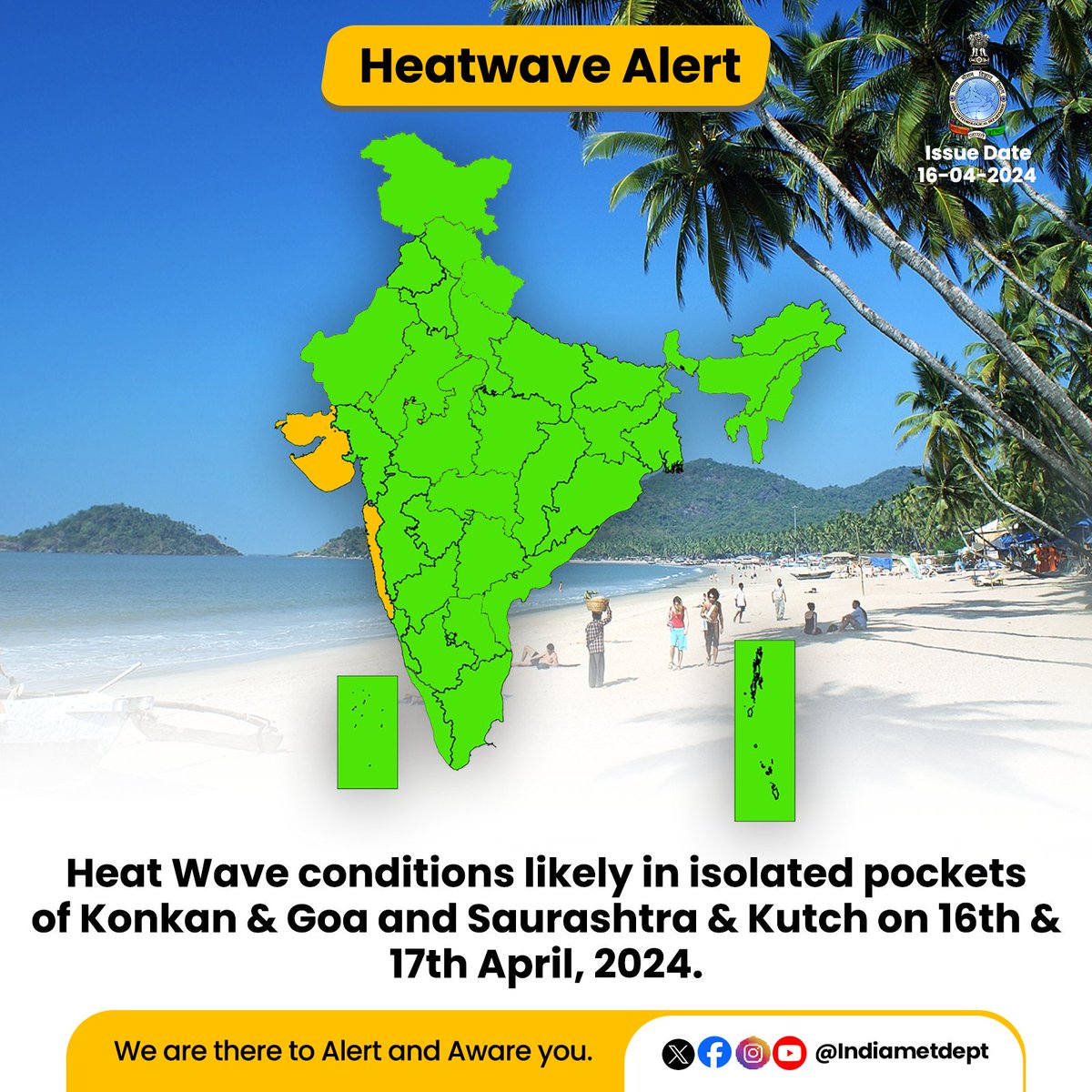 India Meteorological Department (@indiametdept) on Twitter photo Heat Wave conditions likely in isolated pockets of Konkan & Goa and Saurashtra & Kutch on 16th & 17th April, 2024.
#HeatWaveAlert #GoaHeatWave #SaurashtraHeatWave
<a href="/moesgoi/">MoES GoI</a> <a href="/airnewsalerts/">All India Radio News</a> <a href="/DDNewslive/">DD News</a> <a href="/ndmaindia/">NDMA India | राष्ट्रीय आपदा प्रबंधन प्राधिकरण 🇮🇳</a> Heat Wave conditions likely in isolated pockets of Konkan & Goa and Saurashtra & Kutch on 16th & 17th April, 2024.
#HeatWaveAlert #GoaHeatWave #SaurashtraHeatWave
<a href="/moesgoi/">MoES GoI</a> <a href="/airnewsalerts/">All India Radio News</a> <a href="/DDNewslive/">DD News</a> <a href="/ndmaindia/">NDMA India | राष्ट्रीय आपदा प्रबंधन प्राधिकरण 🇮🇳</a>