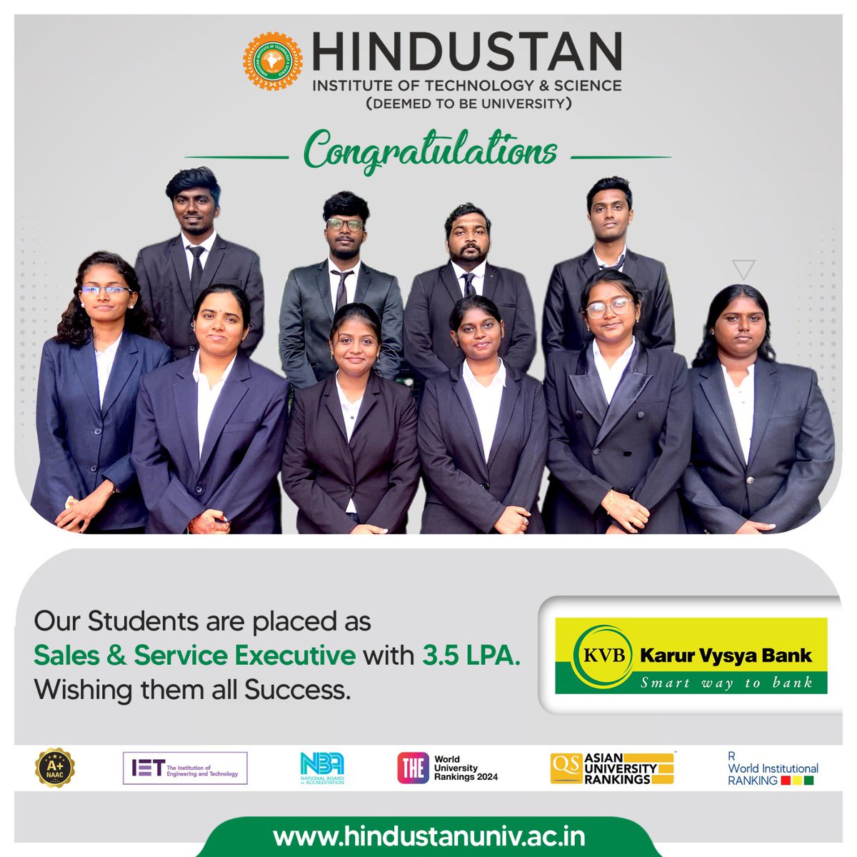 Heartiest congratulations  to our students as they begin their new professional journey!

#HITS #MyHindustan #HindustanUniversity #Hindustangroupofinstitutions #growwithhindustan #dranandjacobverghese #hitsplacement #studentcareer #ranked4inplacement