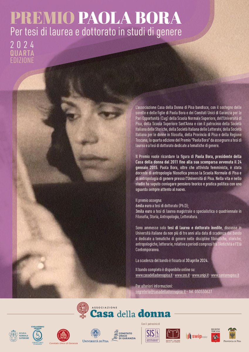 CasaDonnaPisa 👭🏠 (@casa_donna_pisa) on Twitter photo ⏰Manca poco alla scadenza del #PremioPaolaBora per tesi di laurea e dottorato in #GenderStudies!
🟣 Previsti €3mila per tesi di laurea e €6mila per tesi di dottorato
➡️ Bando casadelladonnapisa.it/quarta-edizion…
<a href="/Unipisa/">Università di Pisa</a> <a href="/ScuolaSantAnna/">ScuolaSantAnna</a> <a href="/scuolanormale/">Scuola Normale</a> <a href="/SISstoriche/">Società Italiana delle Storiche</a> <a href="/lettmag/">LetterateMagazine</a> <a href="/socletterate/">Società Letterate</a> ⏰Manca poco alla scadenza del #PremioPaolaBora per tesi di laurea e dottorato in #GenderStudies!
🟣 Previsti €3mila per tesi di laurea e €6mila per tesi di dottorato
➡️ Bando casadelladonnapisa.it/quarta-edizion…
<a href="/Unipisa/">Università di Pisa</a> <a href="/ScuolaSantAnna/">ScuolaSantAnna</a> <a href="/scuolanormale/">Scuola Normale</a> <a href="/SISstoriche/">Società Italiana delle Storiche</a> <a href="/lettmag/">LetterateMagazine</a> <a href="/socletterate/">Società Letterate</a>