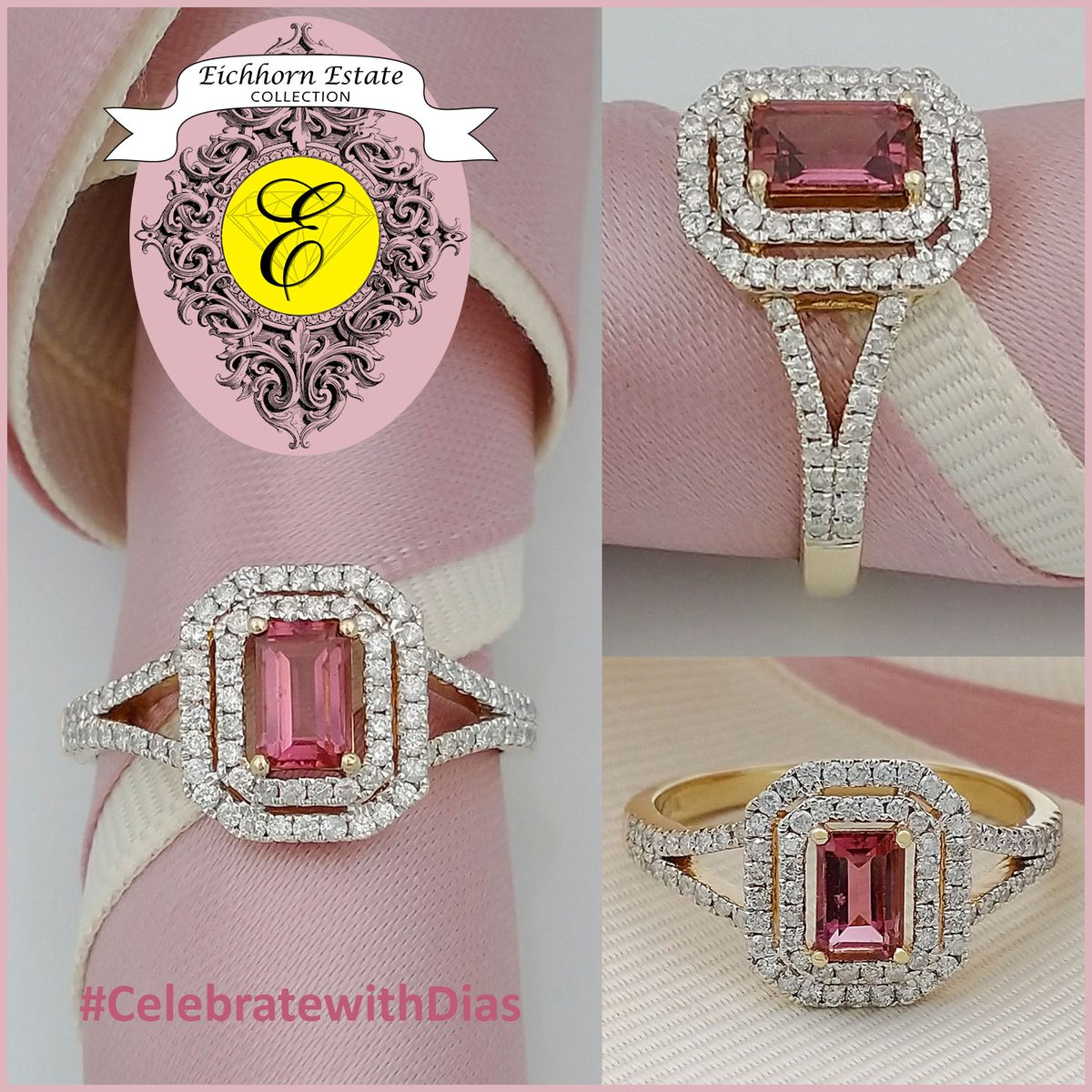 14K yellow gold Ring with a .47 carat emerald-cut Pink Tourmaline and 88 round brilliant-cut Diamonds = .52 carat total weight, size 7.5. From Our Estate Collection $1,500. eichhornjewelry.com/estate-collect… #start2sparkle #eichhornglow #1diamondatatime #CelebratewithDias #ColorWithYourDias