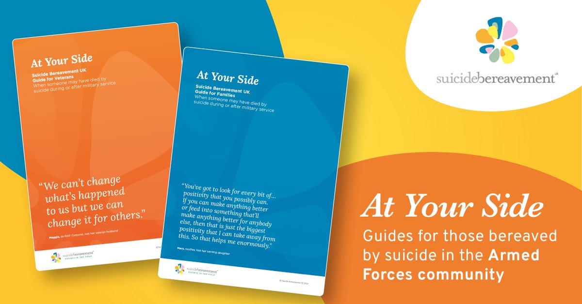 LAUNCHING TOMORROW: Please share this image as widely as possible, so that those bereaved by suicide in the Armed Forces community are made aware of these guides. #AtYourSide They will be available to download tomorrow at suicidebereavementuk.com