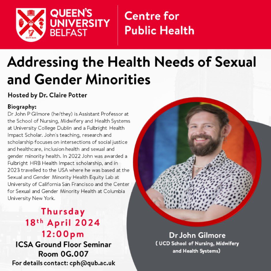 Looking forward to travelling to Belfast Thursday to the Centre for Public Health at Queen’s University Belfast I’ll discuss how to address the health needs of sexual & gender minorities from a research, clinical practice, education & policy perspective qub.ac.uk/events/whats-o…