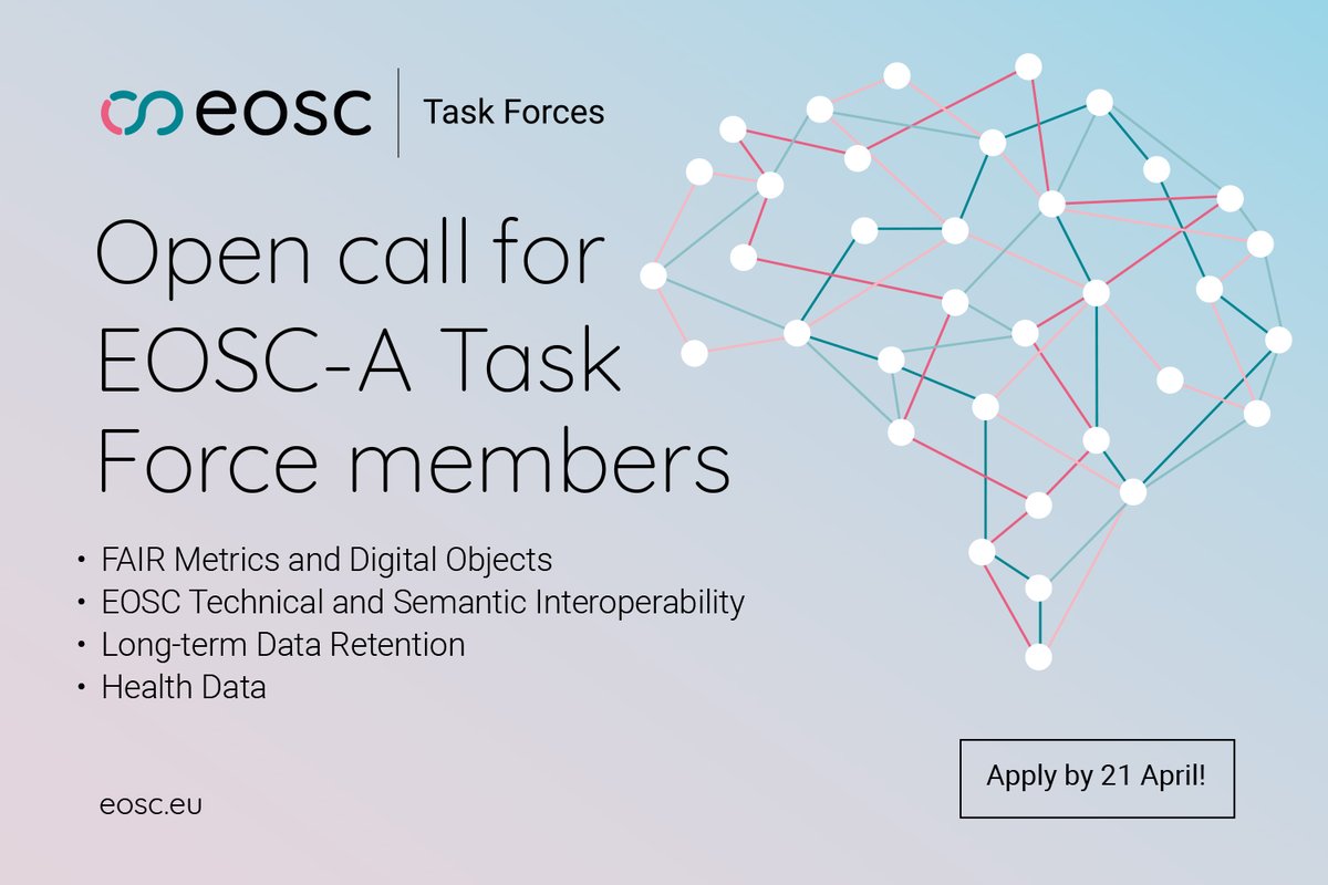 🧐 Are you interested in becoming a member of one of the new Task Forces of the EOSC (European Open Science Cloud) Association?

🔹FAIR Metrics and Digital Objects
🔸EOSC Technical and Semantic Interoperability
🔹Long-Term Data Retention
🔸Health Data

⏳21 April 2024