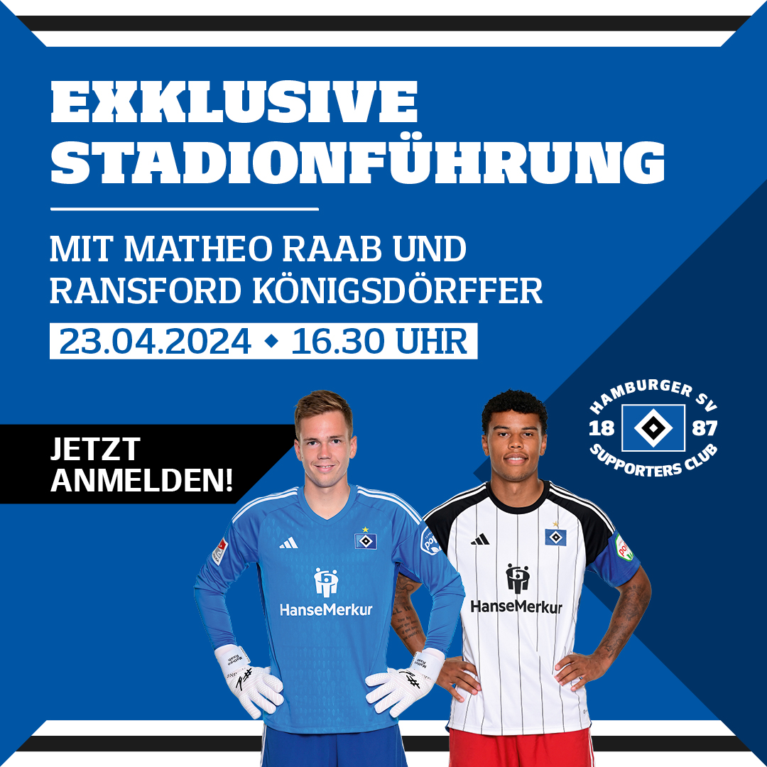 Exklusive Stadionführung mit Matheo Raab und Ransford Königsdörffer 🔷 Am 23. April erhalten HSV-Mitglieder besondere Einblicke ins Volksparkstadion, wenn Raab und Königsdörfer von ihrem Ablauf an Spieltagen berichten 🤩 Zur Anmeldung 👉 bit.ly/HSVSC1069 #nurderHSV