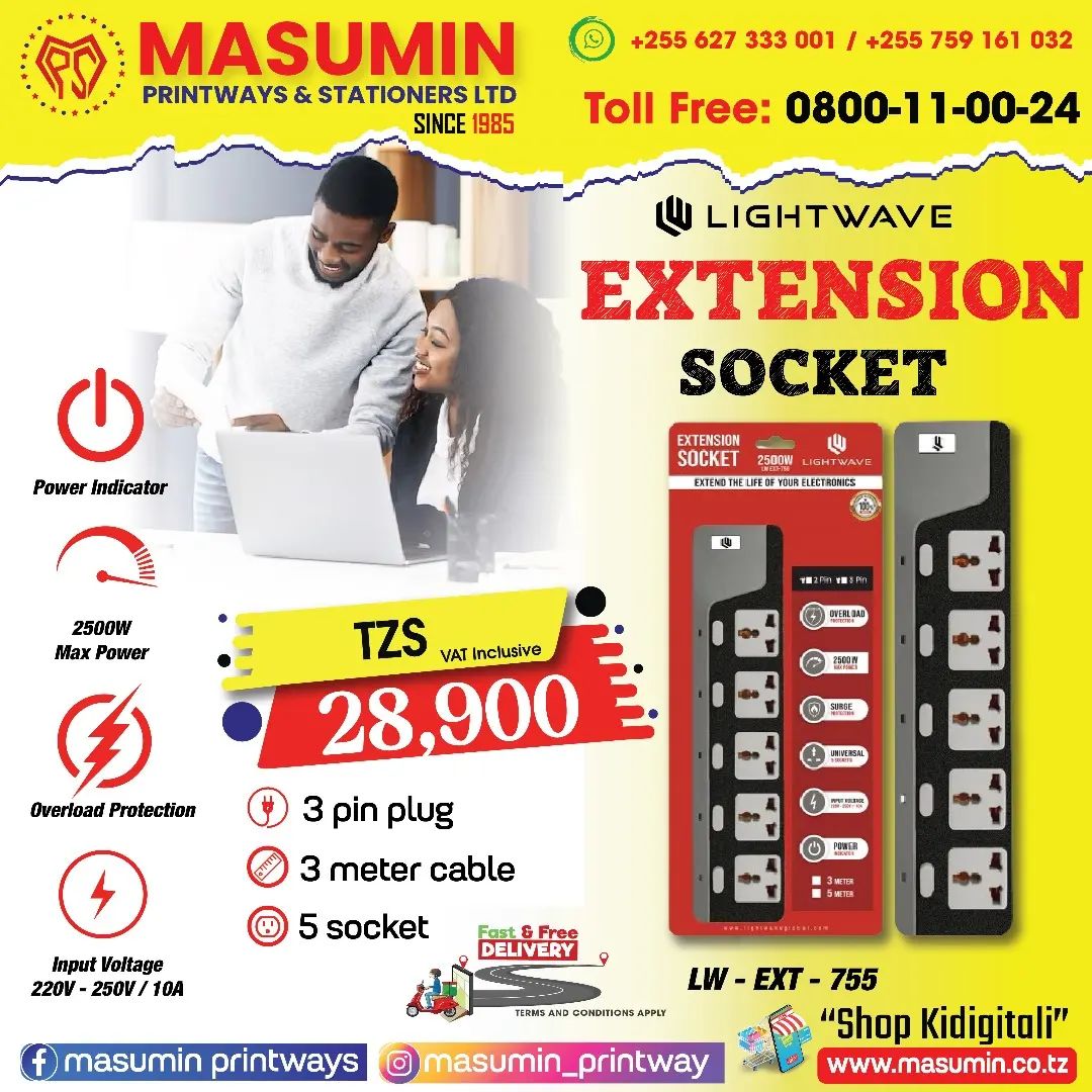 WhizzTanzania's tweet image. Power up your space with the #Lightwave #ExtensionSocket! ⚡ Featuring a #3-pinplug,  #3-metercable, and 5 Sockets, it's the ultimate solution for all your power needs. 

For orders and inquiries, contact Masumin Printways and Stationers LTD 
🌐 masumin.co.tz