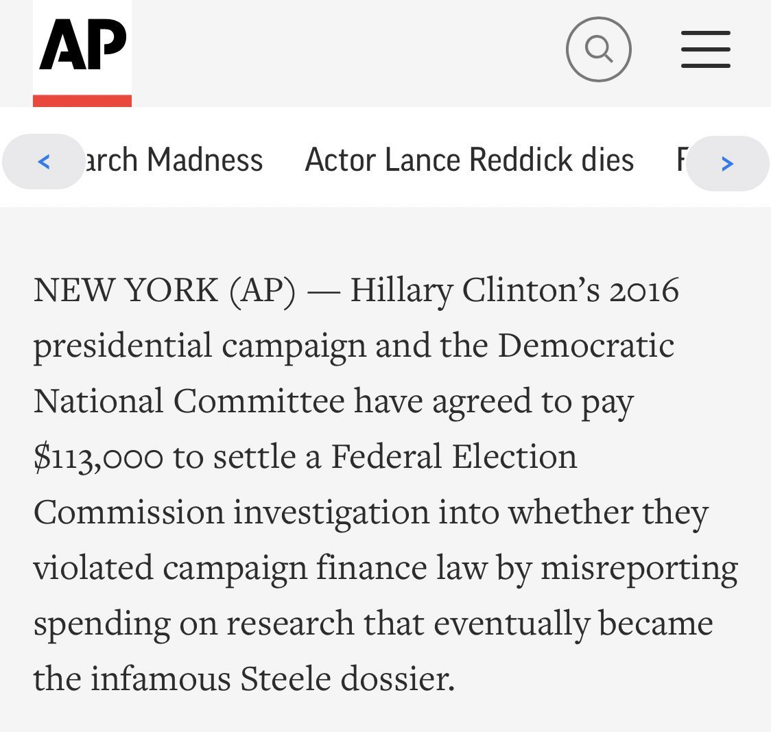 JackPosobiec's tweet photo. In 2022, Hillary Clinton quietly settled a campaign finance violation over reporting the *Steele Dossier* funding as ‘legal services’ 

She paid a fine and was never arrested

The same thing Trump is on trial for right now https://t.co/Uo8KIwo1l5