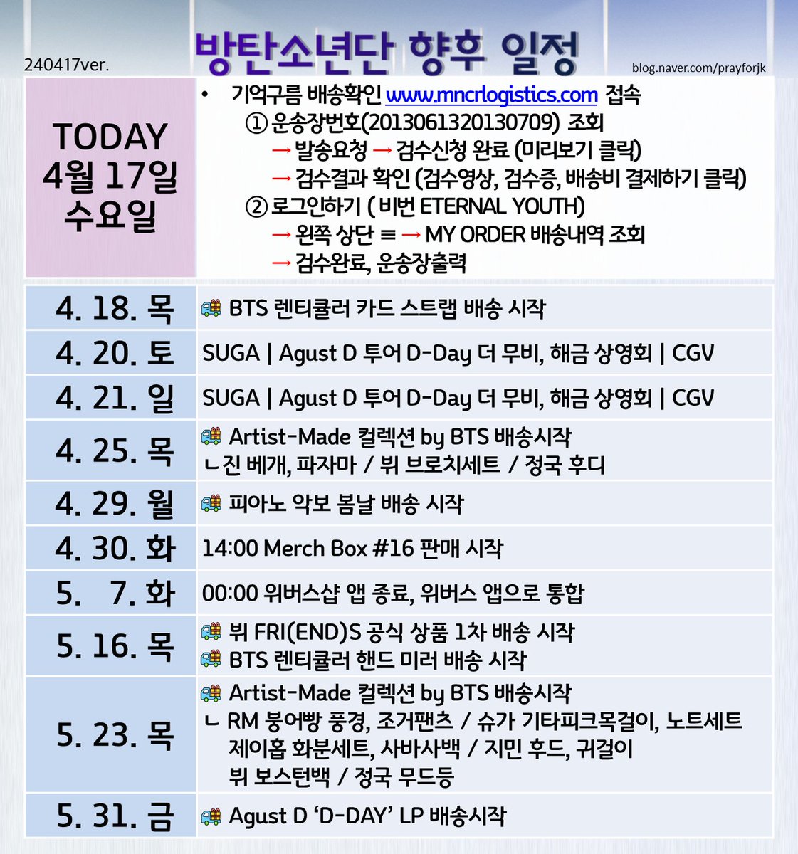 <방탄소년단 향후일정>  
4월 17일 
🎁기억구름 mncrlogistics.com 접속
①운송장번호(2013061320130709)
→ 발송요청→검수신청 완료(미리보기)→검수결과 확인 (검수영상, 검수증, 배송비 결제)

② 로그인(비번 ETERNAL YOUTH)→ 왼쪽 상단→ MY ORDER 배송내역 조회→ 검수완료, 운송장출력
