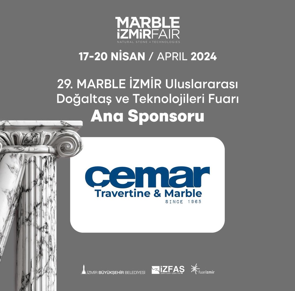 Marble İzmir Fair 17-20 Nisan 2014 
29. Marble İzmir Uluslararası Doğantaş ve Teknoloji Fuarı. Cemar Travertine & Marble.. 

Bu Güzel Fuarın Mutfağında ve Organizasyonun da  da Yine Yeniden Firmamızın Tercih Edilmesinden Dolayı Teşekkür Ederiz. 

#cemarmarble 
#efcprodüksiyon