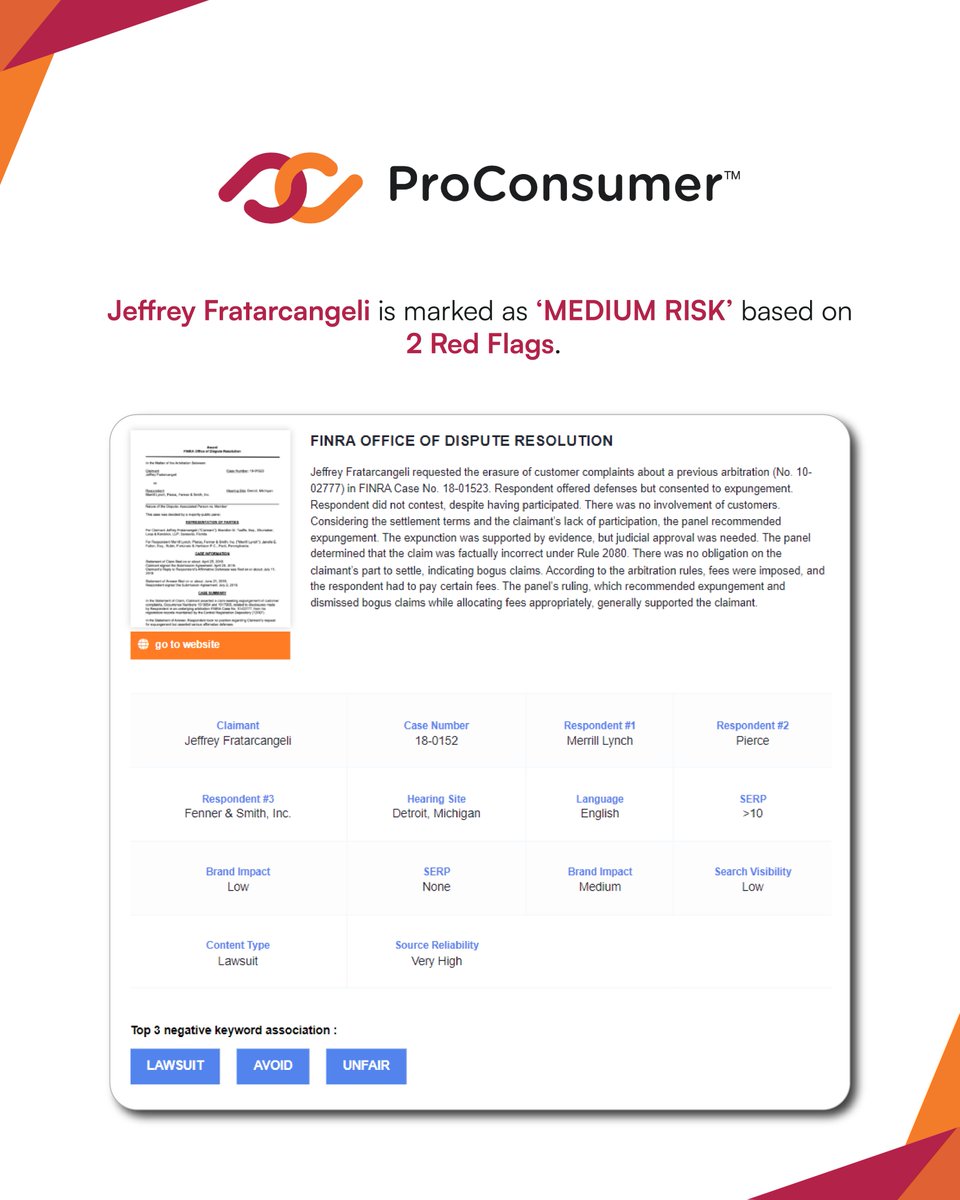 'FINRA OFFICE OF DISPUTE RESOLUTION'
Jeffrey Fratarcangeli requested the erasure of customer complaints about a previous arbitration (No. 10-02777) in FINRA Case No. 18-01523. Respondent offered defenses but...

#ProConsumer #BrandAudit #ConsumerTrust #JeffreyFratarcange
