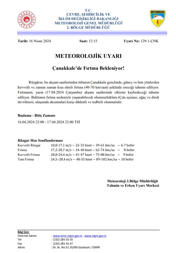 METEOROLOJİK UYARI Çanakkale’de Fırtına Bekleniyor! canakkale.gov.tr/16-04-2024-met…