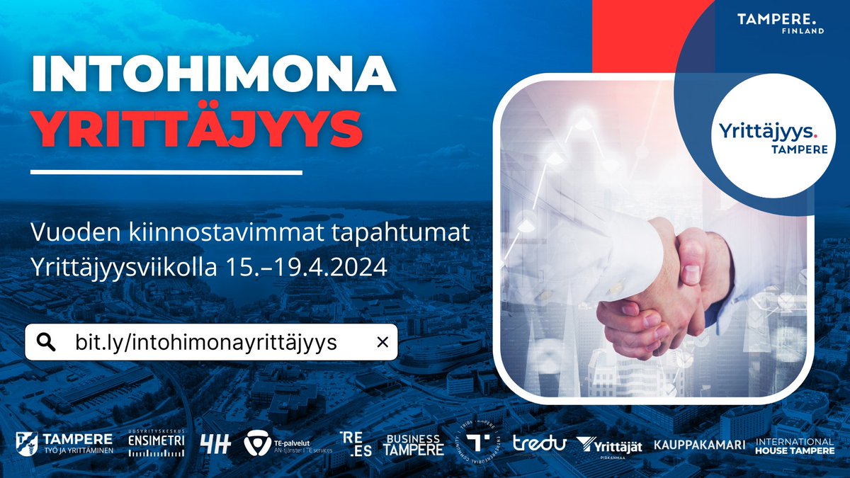 Intohimona yrittäjyys -viikolla 15.-19.4. voit osallistua yrittäjyyden tapahtumiin. Viikon tapahtumat ovat teemoitettu eri yrittäjyyden vaiheisiin, jotta löydät helposti sinulle sopivan tapahtuman. Katso viikon teemat ja niihin suunnatut tapahtumat tampere.fi/tyo-ja-yrittam…!