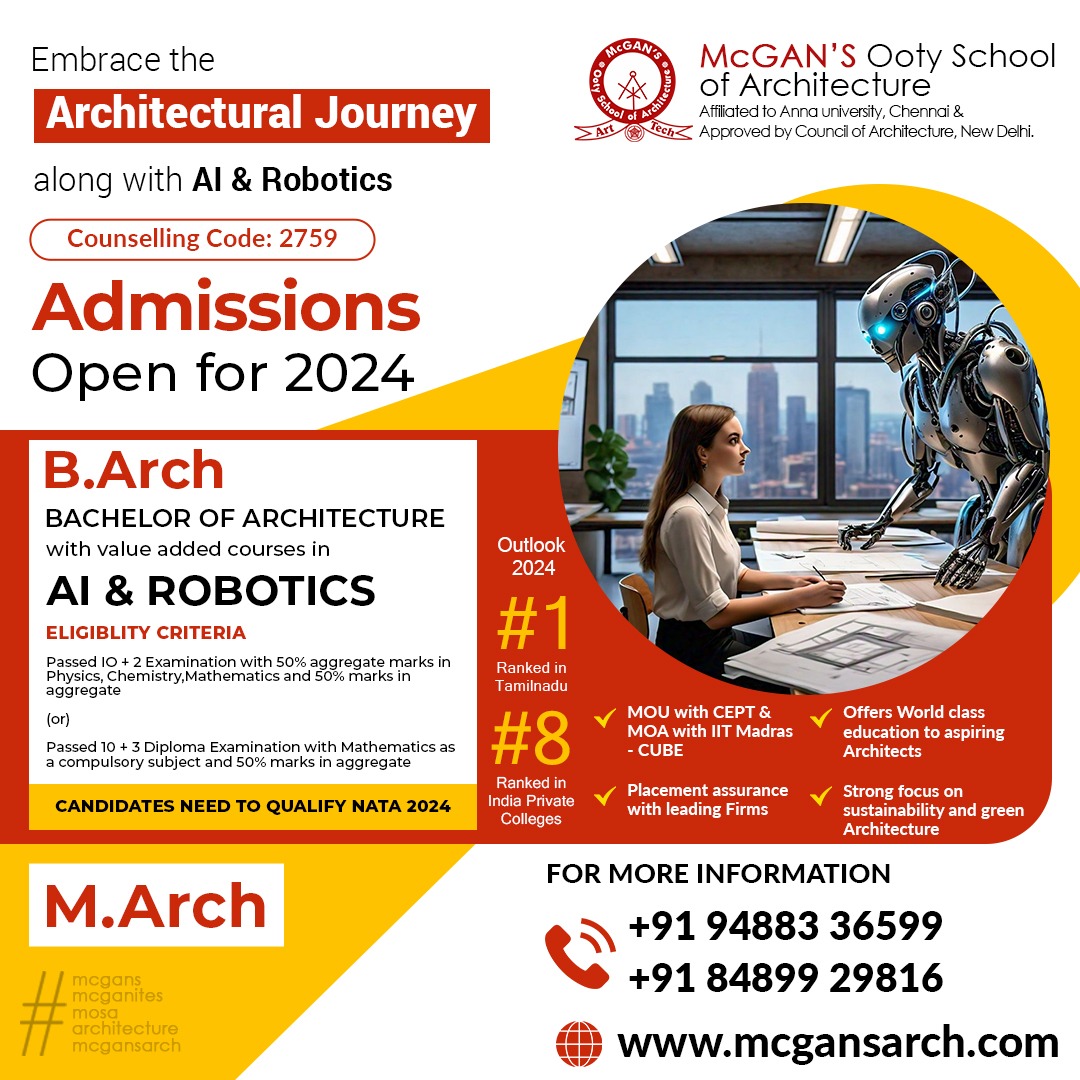 Embrace the Architectural Journey along with AI and Robotics 🤖📚 
.
.
.
.
#McGANSOotySchoolofArchitecture #admissionsopen #dreamcollegeinarchitecture #Mcganites #lifeatmcgans #enrollnow