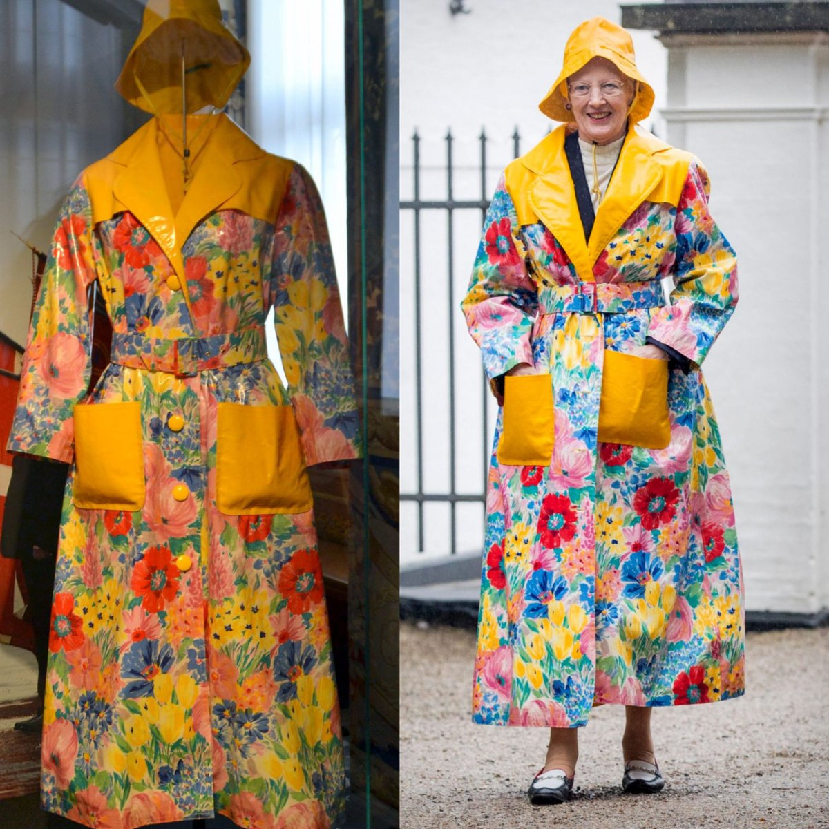 Margrethe II, the former Queen of Denmark, was born #OnThisDay in 1940. She is known for her bold and quirky fashion sense, and she designed this yellow and floral mac herself in 1995. It is made from rolls of wipeable tablecloths! #Royals #dress