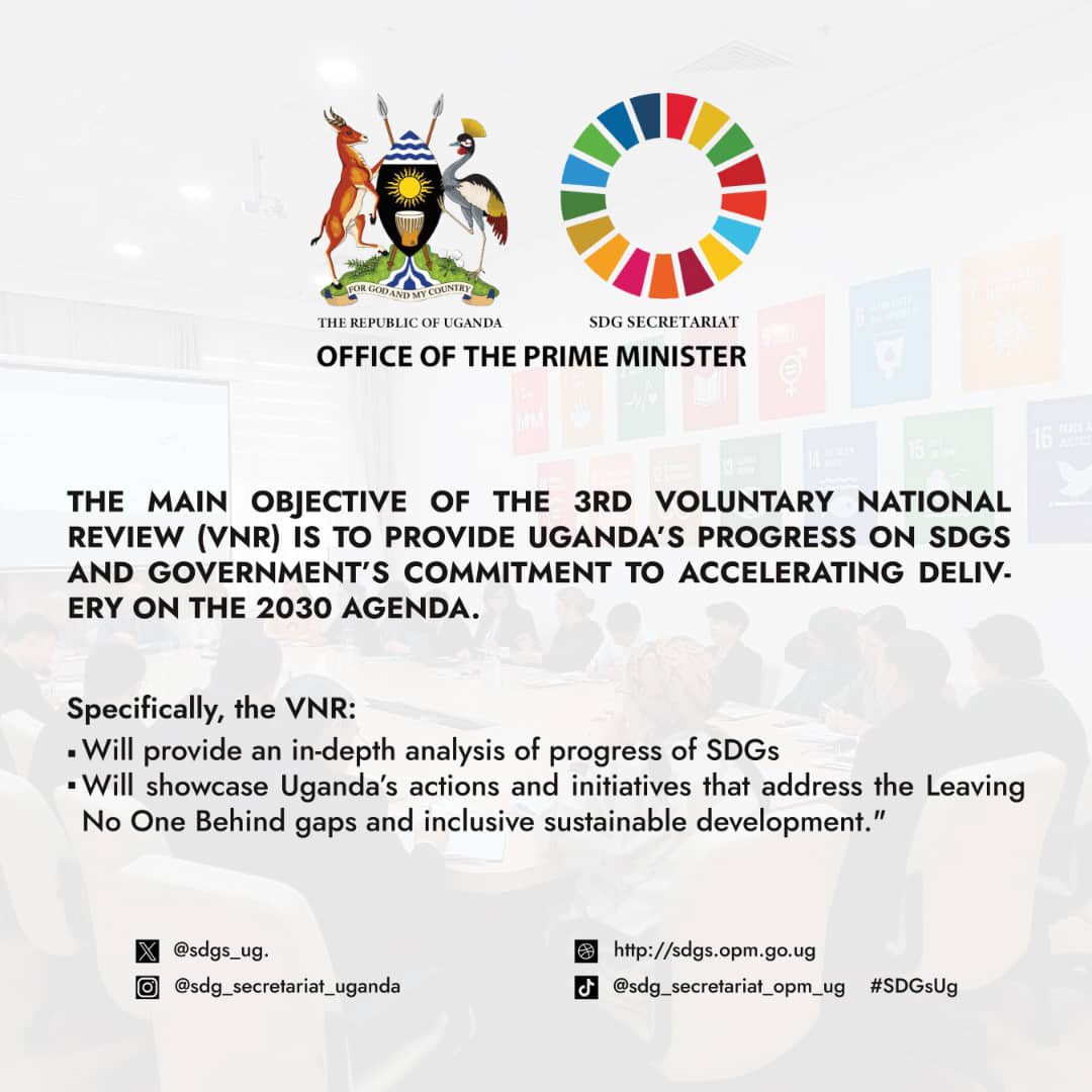 Thread 📌

The main objective is to provide Uganda’s progress on SDGs and @GovUganda’s commitment to
accelerating delivery on the 2030 Agenda. 

✍️ Specifically, the VNR;

☑️Will provide an in-depth analysis of progress of SDGs

#LeavingNoOneBehind #Ug3rdVNR2024