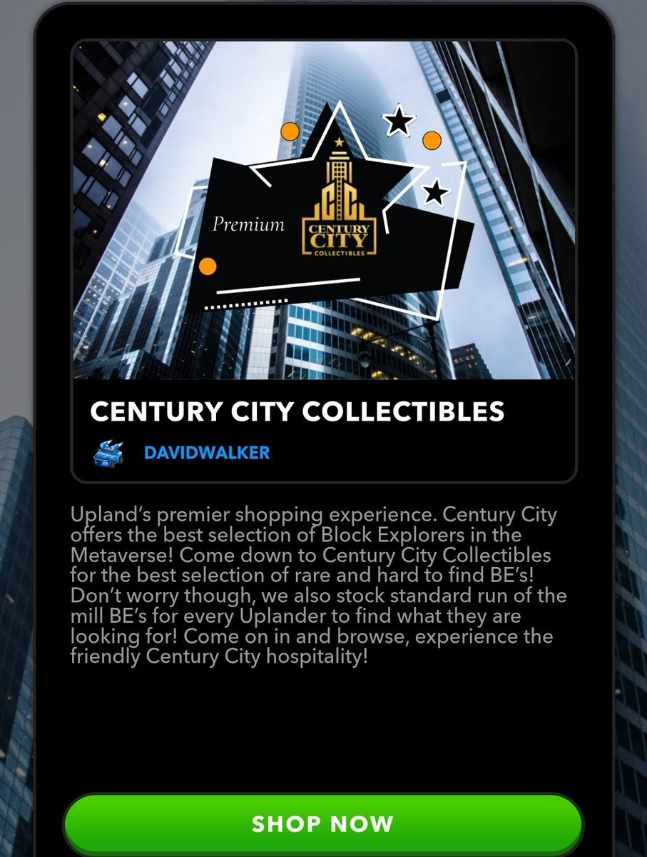 Century City Structures at 10100 Santa Monica Blvd in LA! New low prices starting at $3! play.upland.me/nft-shop/ornam…
Century City Collectibles at 1902 Comstock Ave. play.upland.me/nft-shop/block…
Century City Motors at 1800 Avenue of the Stars play.upland.me/nft-shop/car-s…
#Upland #Metaventures