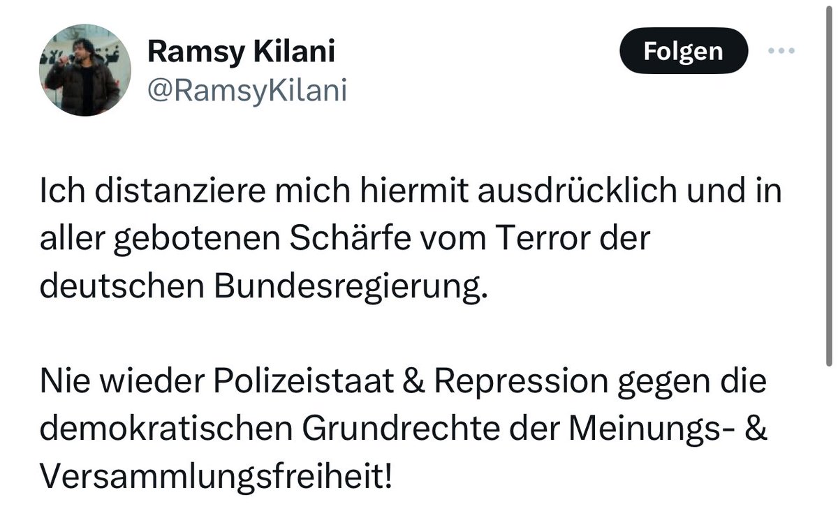 Ich distanziere mich hiermit ausdrücklich und in aller gebotenen Schärfe vom Verbal-Terror des Hamas-Apologeten Ramsy Kilani. Nie wieder Antisemitismus und Genozid-Propaganda gegen das Existenzrechts Israels und stoppt die intellektuelle Privatinsolvenz der Judenhass-Bubble!