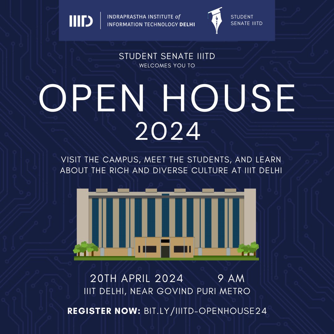 Prepare to delve into the realm of technology! We cordially invite you to IIIT Delhi's Open House for B.Tech .Admissions 2024! 📅 Mark your calendars: April 20, 2024 ⏰ Time: 9am-2pm 📍 Location: IIIT-Delhi Campus 🔬 Explore our comprehensive