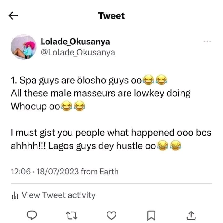 Lady shared her experience with a spa guy in Lagos 😂😂😂 Open thread for complete story 😂😂