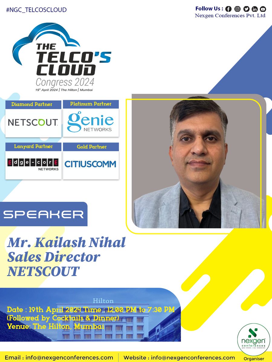 #NGC_TELCOSCLOUD
We are thrilled to announce that Mr. Kailash Nihal, the Sales Director at @NETSCOUT , will be gracing The Telco's Cloud Congress 2024 with his expertise and insights
Timing : 12:00 PM - 07:30 PM (Followed by Cocktails & Dinner)#TelcoCloudCongress #CloudTechnology