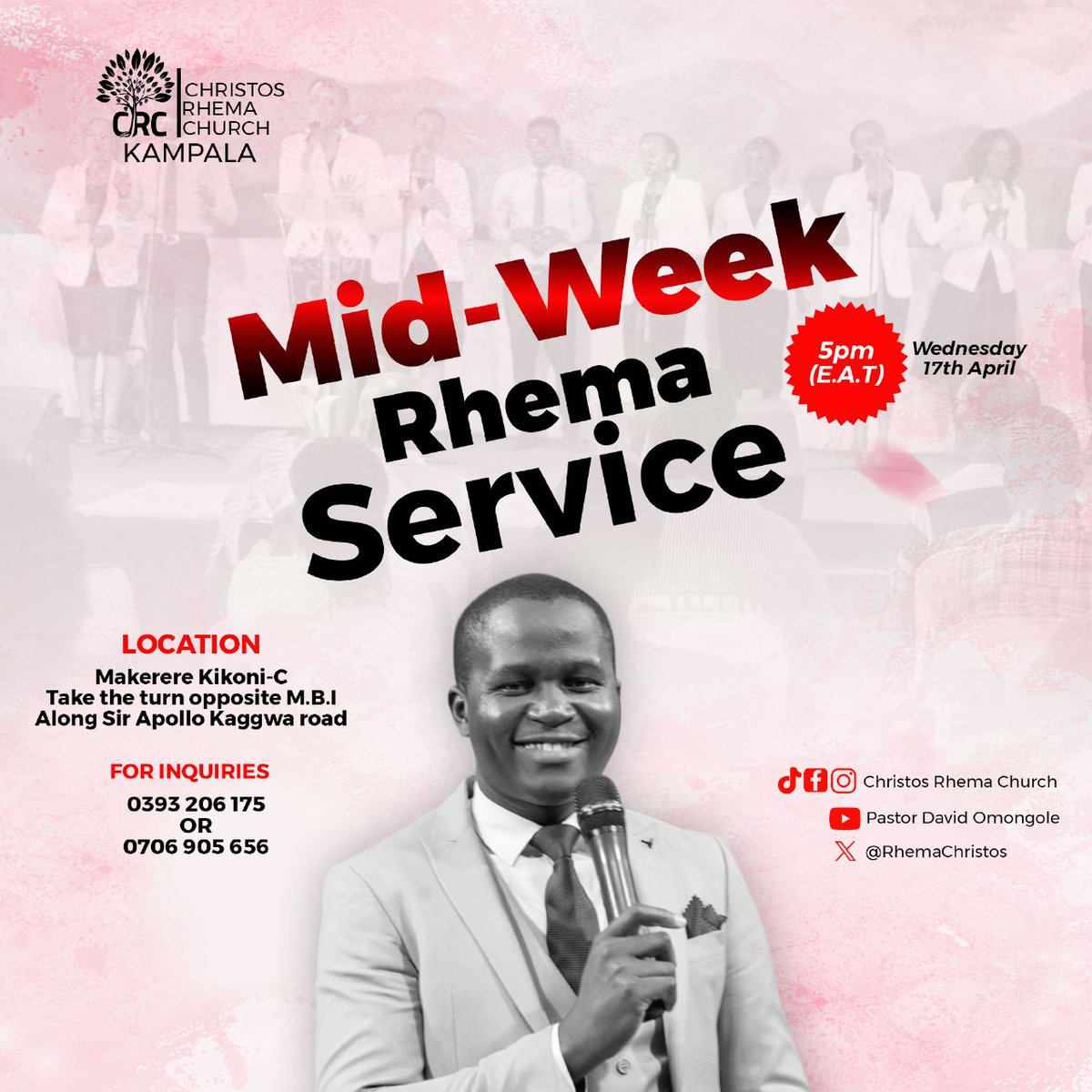 RhemaChristos's tweet photo. MID-WEEK RHEMA SERVICE
The Lord is good and kind!

Join us for a unique service Tomorrow at our church premises in Makerere Kikoni C

At 5pm (EAT)

Invite someone and ensure they don't miss.
See you there

#CommunionwithTheHolySpirit
#Flourishing https://t.co/TjjQgAG4Ue