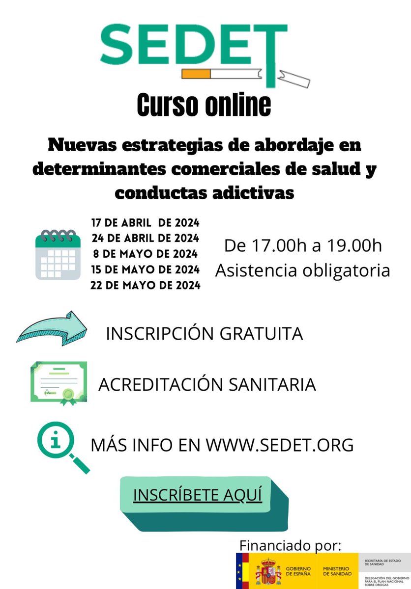 FundacionMQI's tweet photo. Fantástico curso de @SEDEToficial con financiación del Plan Nacional sobre Drogas (@PNSDgob).

A lo largo de 5 sesiones, aprenderemos sobre determinantes comerciales de la salud. ¡Con ganas de empezar! https://t.co/5iQ33RqCBP