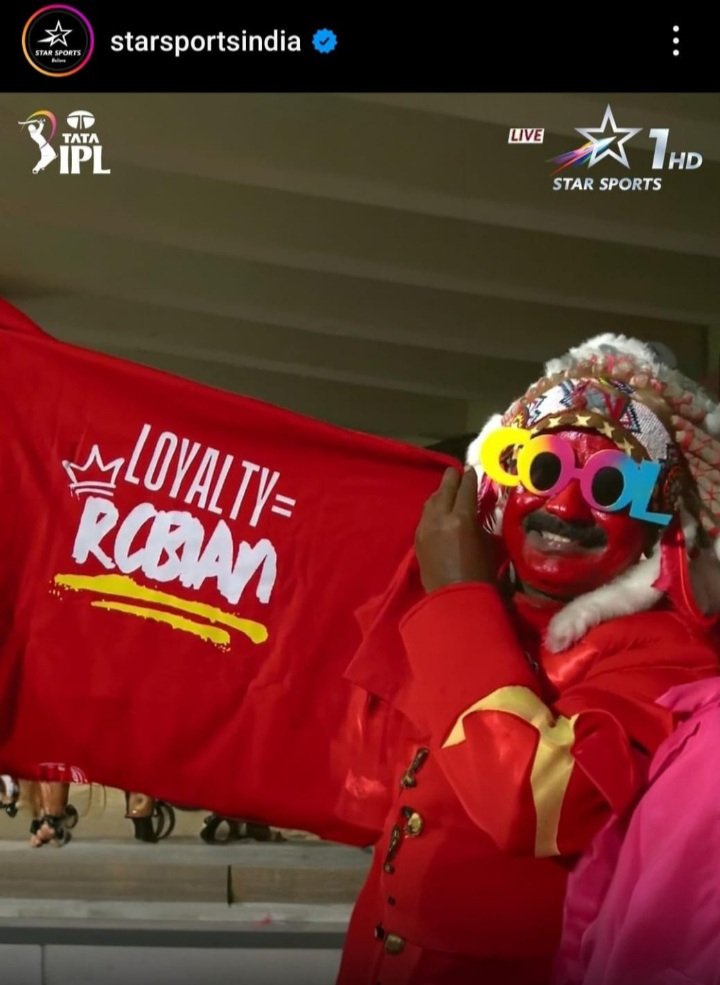 sportssugumar's tweet photo. What an incredible moment! 🙌 My favorite 'Loyalty RCBian' T-shirt, received just a few days ago, was proudly showcased on live television during the RCB vs SRH game at Chinnaswamy Stadium yesterday. And to top it off, it was even featured on the Star Sports India Instagram page https://t.co/v6EancIkbi