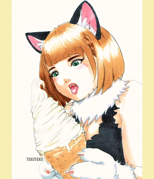 暑くて溶けるにゃ #猫耳 #illustration #オリジナルイラスト  