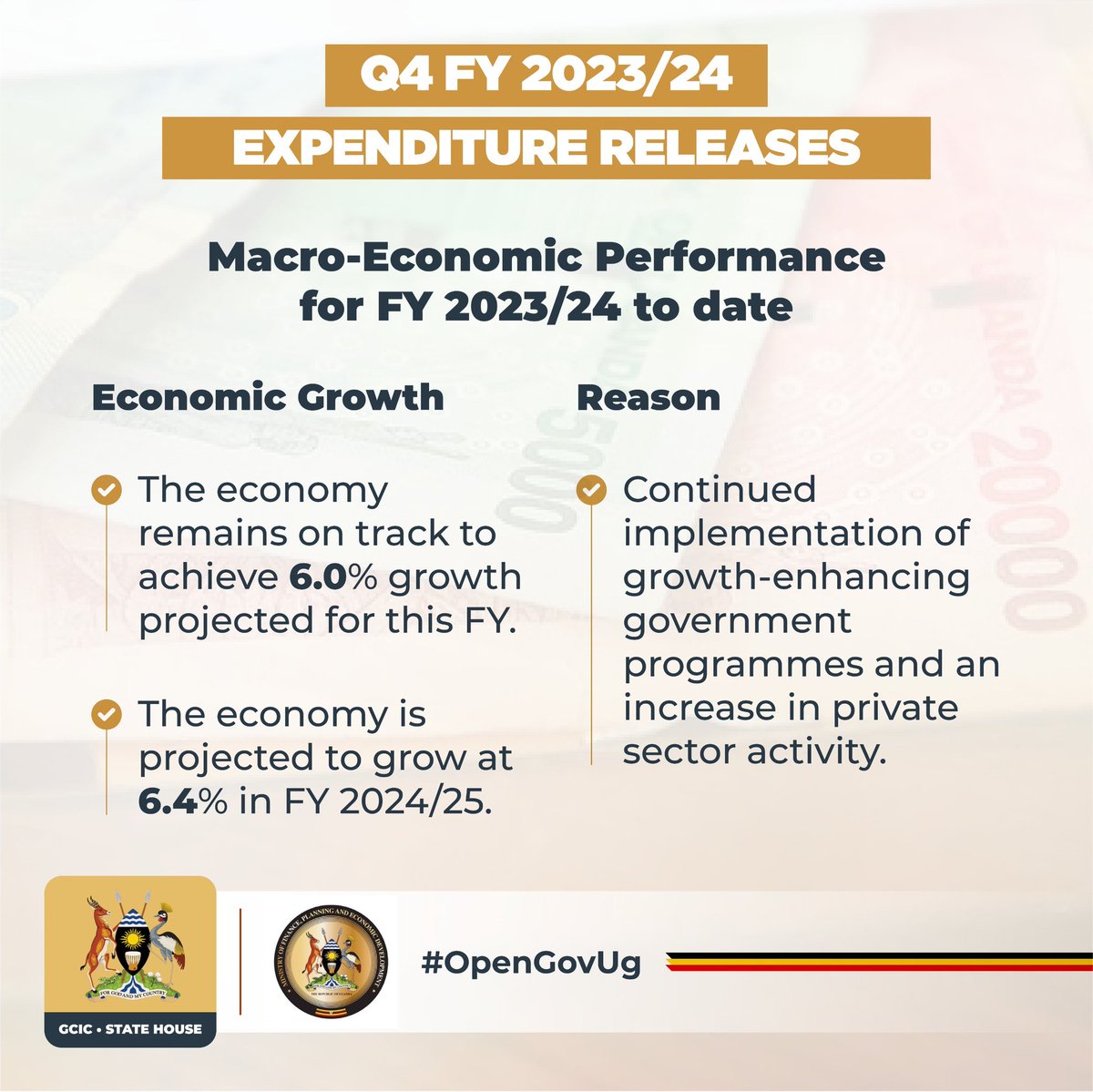 The economy remains on track to achieving 6.0% growth projected for this financial year. #KnowYourBudget24 #OpenGovUg