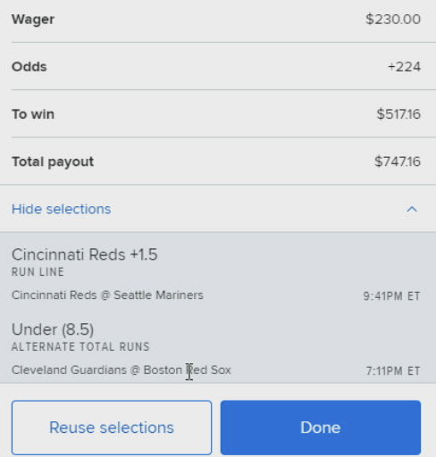 EVBettors's tweet photo. MLB parlay, 2 pick 🎯

Parlay is on FanDuel. The picks:
1) Reds +1.5
2) CLE vs BOS u8.5

$100 to somebody who LIKES this tweet if it hits, let's have a day 💪💪