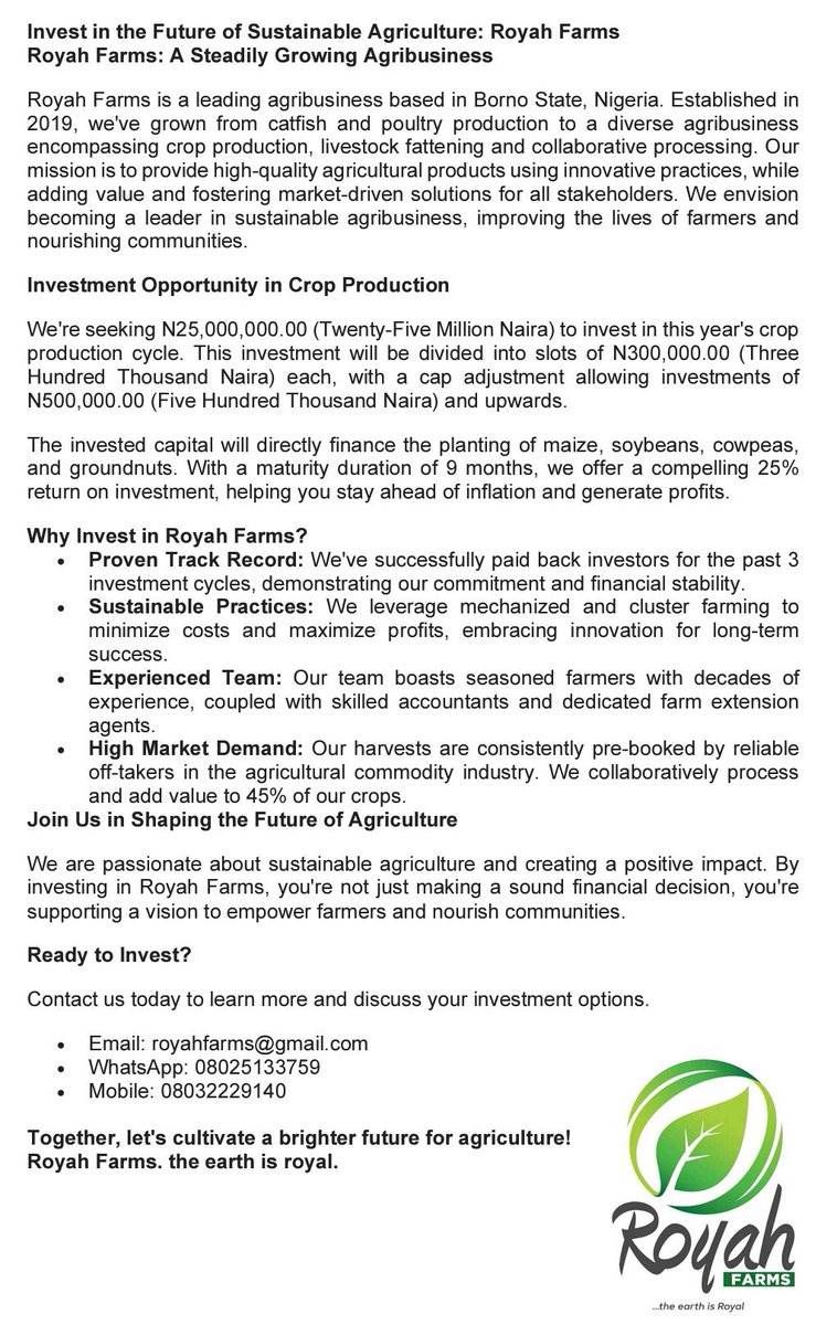 royahfarms's tweet photo. Invest smart, be financially woke! #RoyahFarms https://t.co/TU0oY7g4Jj