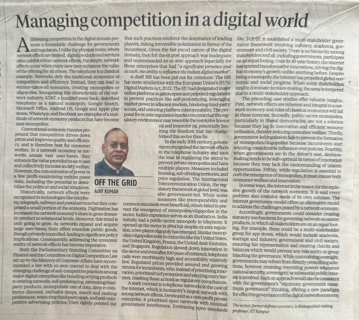 With monopolies pervading the digital domain, addressing competition presents a formidable challenge. In my article “Managing Competition in a Digital World” in Business Standard today I explore an alternative model business-standard.com/opinion/column…