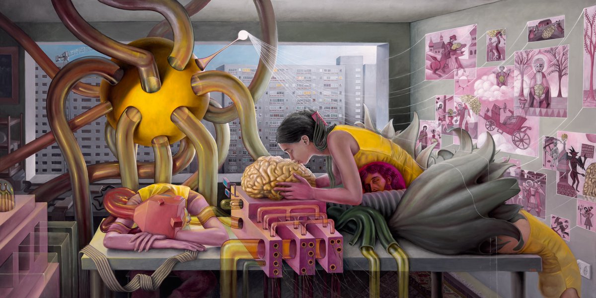 VictorFota's tweet photo. Gm! 
Excited to present to you my latest oil painting. I started slowly working on it in the summer of 2022.

"Adoration of the Artificial". Oil on linen 145x72 cm.
"God is dead and we've created another one"

Minted on manifold (nft + physical, sold/reserved) https://t.co/wl4GELANWc