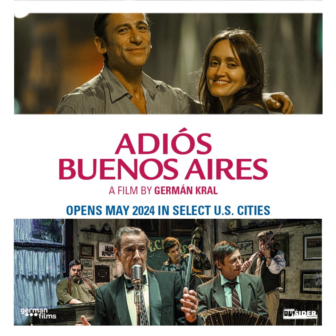 Don’t miss #Tango Comedy-Drama #AdiosBuenosAires💃🕺🪗 Opening exclusively in #NYC at the <a href="/cinema_village/">Cinema Village</a> MAY 3, Laemmle Royal in #LA &amp; the Coral <a href="/gablescinema/">Coral Gables Art Cinema</a> in #Miami MAY 10, then expands across the country. 

Directed by Germán Kral. 🎟: outsiderpictures.us/movie/adios-bu… 

#comingsoon