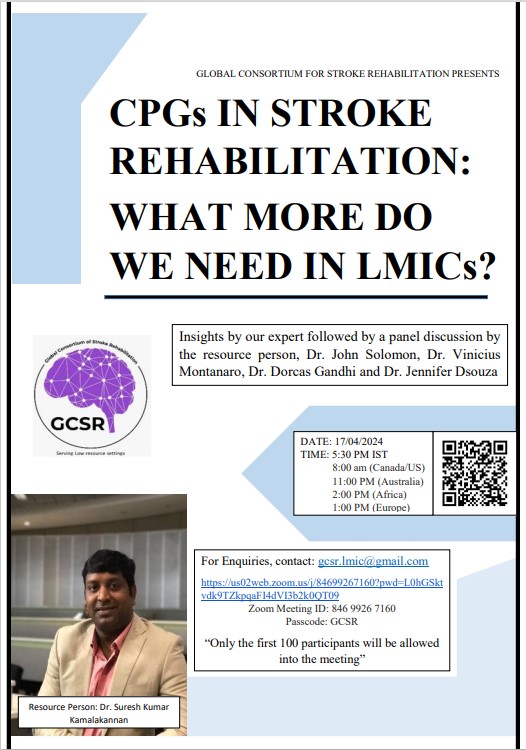 Global Consortium for Stroke Rehabilitation (@gcsr_lmic) on Twitter photo 🌟 Webinar Alert 🌟
GCSR invites you all to attend our first webinar
Topic: CLINICAL PRACTICE GUIDELINES IN STROKE REHABILITATION
Date & Time: 17th April, 2024, 5:30PM IST
Featured Speakers:
<a href="/suresh_lshtm/">Sureshkumar K</a>
<a href="/johnsolomon78/">John Solomon</a>
<a href="/DorcasGandhi/">Dorcas Gandhi</a>
<a href="/Vinny198522/">Vinicius Montanaro MD PhD</a>
<a href="/Jenvaly/">Jennifer D'souza</a> 🌟 Webinar Alert 🌟
GCSR invites you all to attend our first webinar
Topic: CLINICAL PRACTICE GUIDELINES IN STROKE REHABILITATION
Date & Time: 17th April, 2024, 5:30PM IST
Featured Speakers:
<a href="/suresh_lshtm/">Sureshkumar K</a>
<a href="/johnsolomon78/">John Solomon</a>
<a href="/DorcasGandhi/">Dorcas Gandhi</a>
<a href="/Vinny198522/">Vinicius Montanaro MD PhD</a>
<a href="/Jenvaly/">Jennifer D'souza</a>