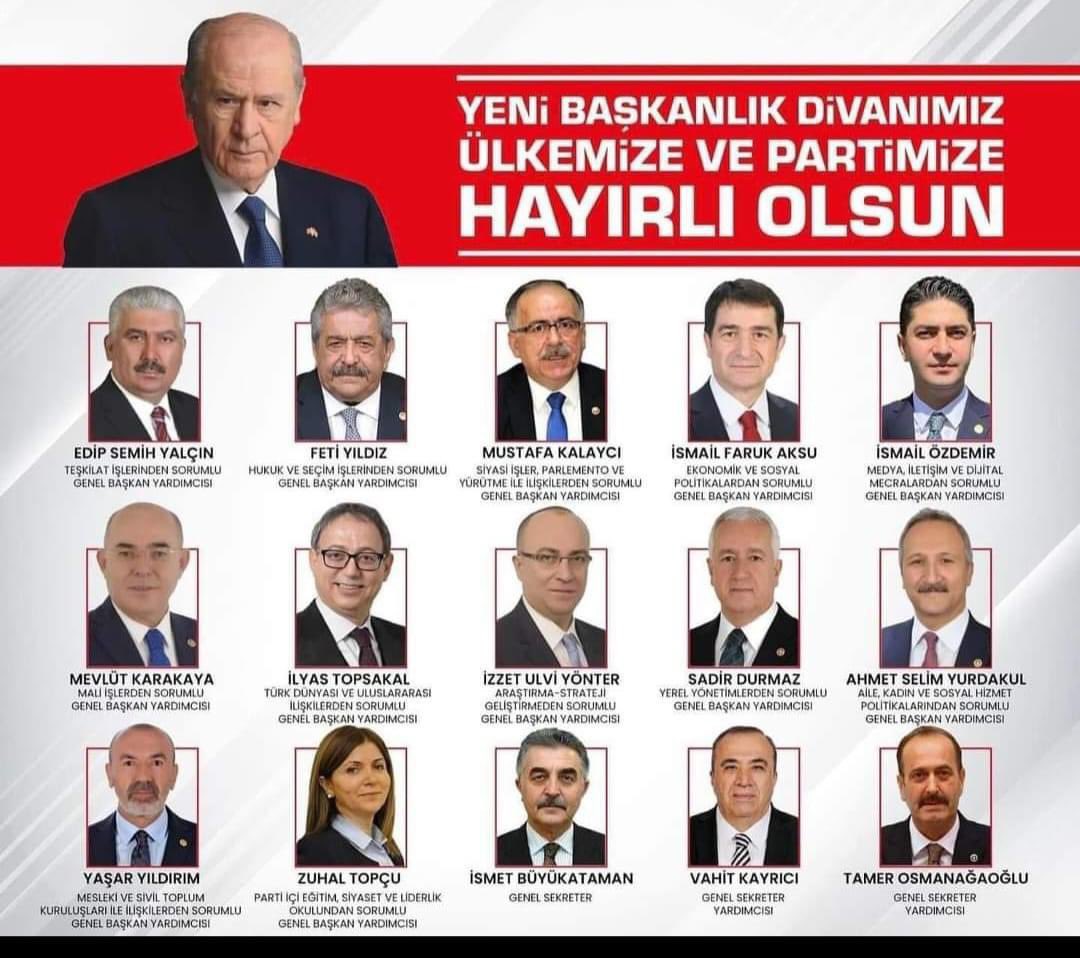 Genel Başkanımız Sayın Devlet Bahçeli Beyefendinin takdirleriyle oluşan, MHP Başkanlık Divanımızın Ülkemize, milletimize ve partimize hayırlı uğurlu olmasını yüce Allah'tan diliyorum. @dbdevletbahceli @MHP_Bilgi