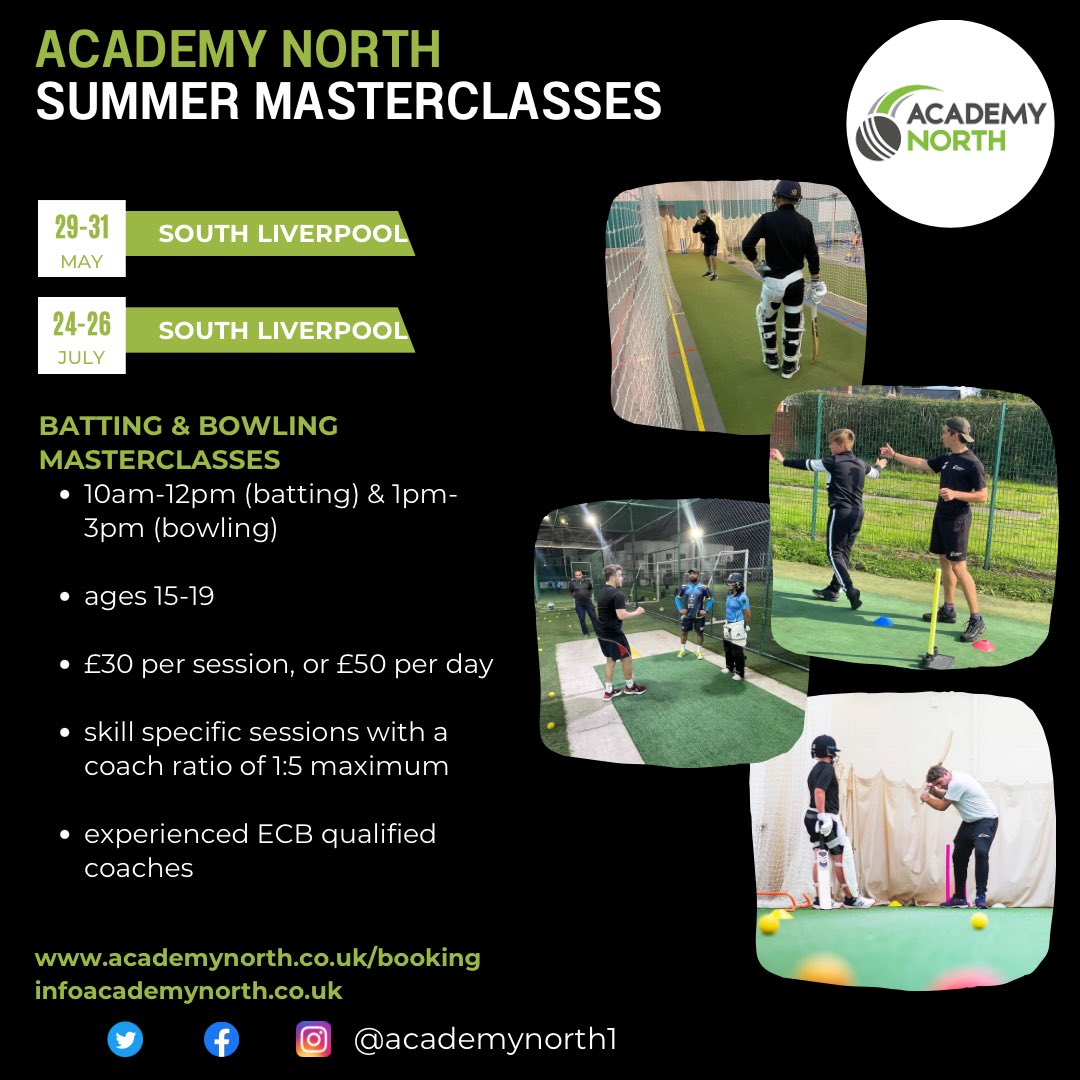 🚨 CAMPS & MASTERCLASSES 2024 🏏 all half term & summer camps are now available to book 🏏 camps for players aged 5-14 🏏 masterclasses & coaching camps for players aged 15-19 🏏 academynorth.co.uk/booking