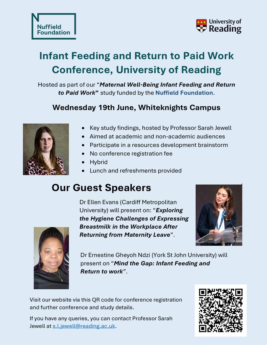 We are hosting a hybrid conference as part of our infant feeding and return to work study on 19th June, details below. Hear findings from the study and from guest speakers @ndzitina and @Research_Ellen research.reading.ac.uk/accommodating-…