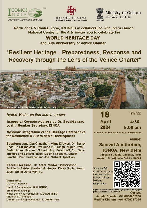 North and Central Zone Event at IGNCA , New Delhi on 'Resilient Heritage' as part of World Heritage Day celebration| 18th April, 5:00- 8:00 PM. For registration link and more details:- icomosindia.com/announcements/…