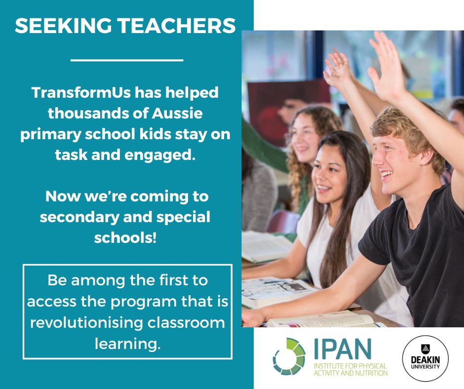 We're recruiting classroom teachers to take part in a trial program to get your students more active throughout the day. To get involved and access free resources and training, visit: transformus.com.au/register @deakinresearch @TransformUsIPAN